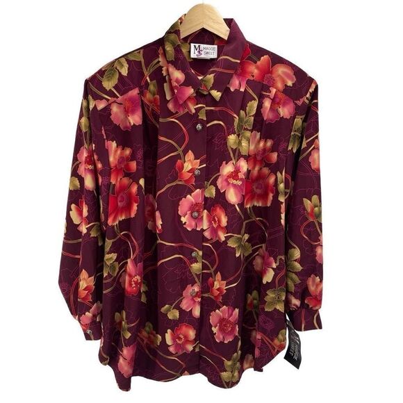Vintage Maggie Sweet Women's Button-Up Padded Sketched Floral Print Blouse Large - Picture 10 of 10